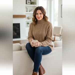 Reiss Nina Cable Knit Fisherman Sweater L Camel Brown Jumper Tunic Cozy Classic